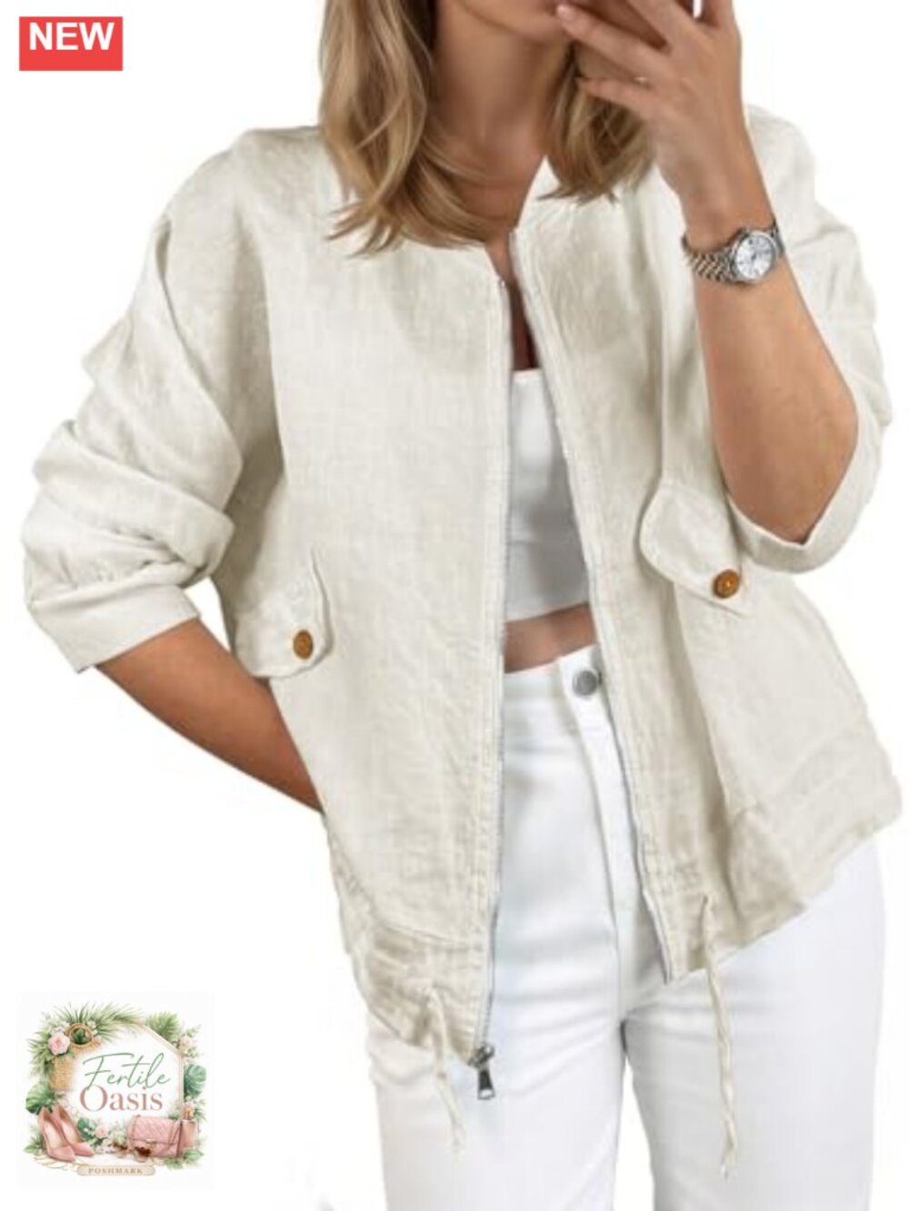 Womens Lightweight Cotton Viscose Linen Bomber Jacket Zip Up Coat Casual